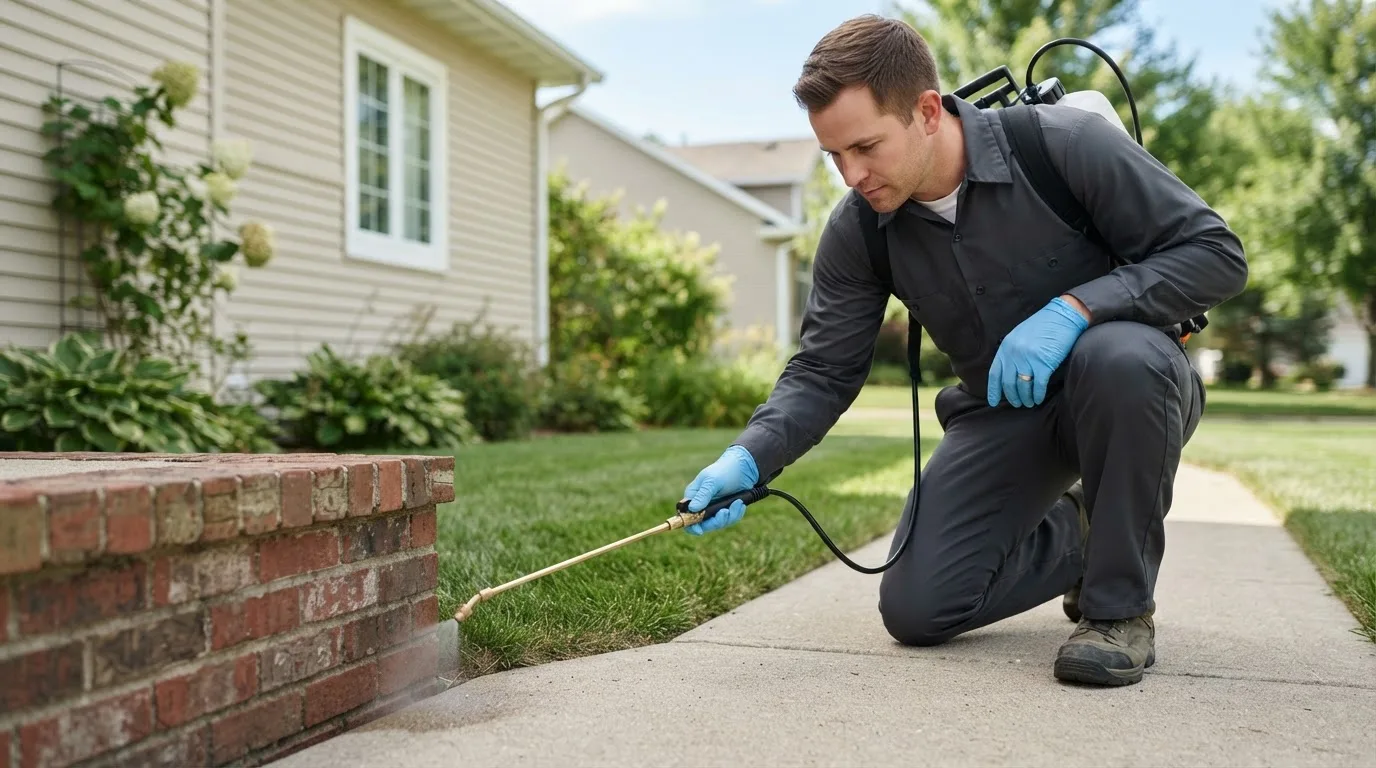 Pest control technician treating a home near Silver City, IA